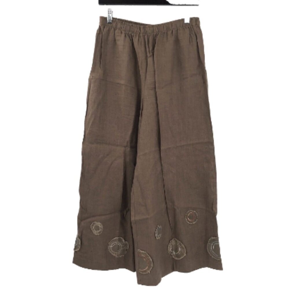 DESIGN TODAYS Linen Pants Brown Wide Leg Pull On Applique Art to Wear L USA Pant